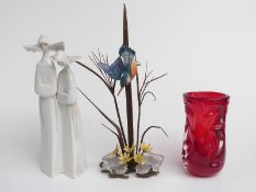 Albany bronze and ceramic kingfisher, Lladro figure of two nuns and a Whitefriars glass vase,