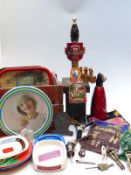 A quantity of brewerania including vintage Schweppes wooden crate, metal trays including Woodpecker,