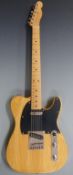 Fender style unbadged electric lead / rhythm guitar in pine finish with black scratch plate,