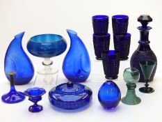 Fifteen pieces of mainly Bristol blue, hobnail decorated decanter with glasses etc