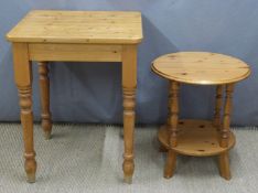 Small pine dining or kitchen table, W61 x H76cm, together with a circular occasional table