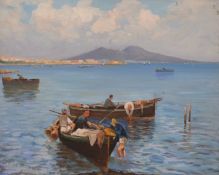 Impressionist oil or acrylic on board 'Naples', view from Posillipo of Castel de L'Uovo looking
