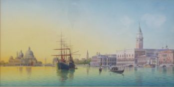 Umberto Ongania (1867-1942) watercolour Venetian scene, sailing and steam ships and gondolas with
