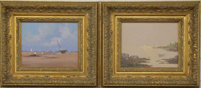 Val McGann pair of oil/acrylic on board coastal scenes, one with beached boat, the other a bay in