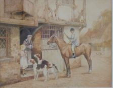 Victorian watercolour 'The Huntsman's Pint' lady and girl at the door of a half timbered pub,