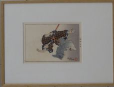 A pair of 19thC Japanese prints depicting warriors and script, 20 x 14cm