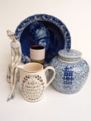 Large Delft charger, Chinese ginger jar and cover, Lladro figure of a jester, German retro vase