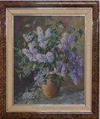 Oil on canvas still life of flowers signed possibly A Nikotsky and dated 1945 lower right, 49 x