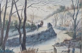 Watercolour of a horseman on a bridge beside a stream, indistinct signature believed to be Cornish