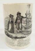 19thC Creamware tankard with transfer printed 'Poor Jack' scene and rhyme, H16cm