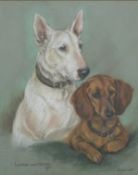 Marjorie Cox pastel 'Linda and Heidi', dachshund and bull terrier dogs, signed and dated 1970 to