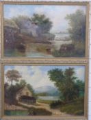 M White pair of oil on canvas of waterside scenes with cottages, each signed and dated 1885, 35 x