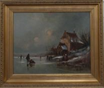 H Dongen oil on board of a Dutch ice skating scene, 37 x 48cm