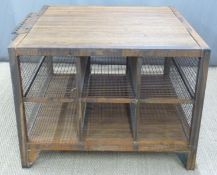 Ex Superdry industrial style table or shop fitting / haberdashery display stand with wooden top