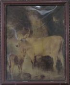 Crystoleum of cattle dated 1875 and an oil on canvas seascape, 14 x 22cm, in gilt frame