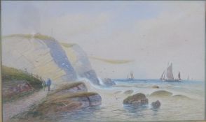 C W Oswald watercolour maritime scene, boats at sea with white cliffs beyond and figures walking