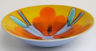Poole Pottery large pedestal bowl decorated with blue and orange pattern on a yellow ground, H9cm,