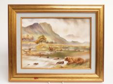 Bronte Porcelain porcelain plaque hand-decorated with Highland cattle watering with mountainous