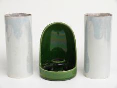 Pair of Coronaware lustre sleeve vases and a chamberstick, possibly Linthorpe pottery, H16cm