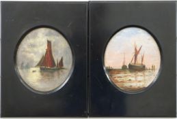 Pair of Victorian slate framed oils on panel (likely slate) of Thames sailing barges, maximum