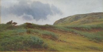 J Knight Victorian watercolour moorland landscape with sheep, signed and dated 1897 lower left, 18 x