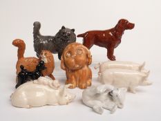 Beswick pig, cat and dog figures, Crown Devon Bonzo and a Copenhagen polar bear, tallest 14cm