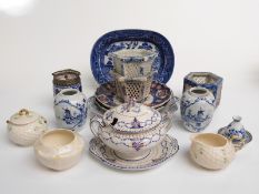 A quantity of ceramics including blue and white, Belleek, Copeland, 19thC Japanese, Imari plates