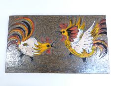 Ruscha retro West German enamelled plaque decorated with fighting cocks, 34 x 59cm