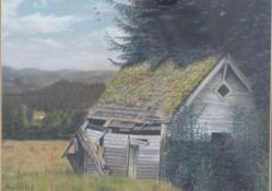 Barry J Richards pastel Woodcutters Shack, signed lower left, 25 x 34cm and with label verso dated