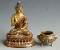 Eastern brass Buddha (H23cm) and a censer