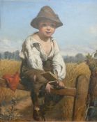 R Morris oil on board boy on stile, signed and dated possibly 56 lower right, 30 x 24cm, in gilt