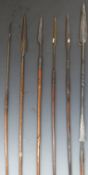 Six 19thC African spears with leather bindings and worked handles, various tribes. Maximum length
