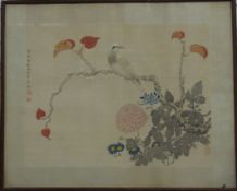 A 19hC / early 20thC Chinese watercolour of flowers and birds on silk with seal mark (46 x 54cm)