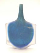 Mdina Axe Head glass vase with clear matt casing over a blue ground, signed to the base, 28cm tall