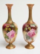 Royal Worcester pair of pedestal vases hand-decorated with roses, H19cm