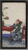 A 19thC Chinese watercolour on rice paper of a gentleman drinking tea with assistant to side, 28 x