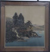Pair of Japanese silk pictures, one depicting sailing boats with Mount Fuji beyond