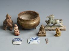 Oriental brass censer, carved soapstone figures, brass figure and two pottery fragments
