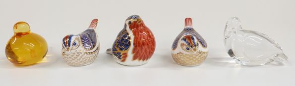 Royal Crown Derby bird paperweights and two glass paperweights