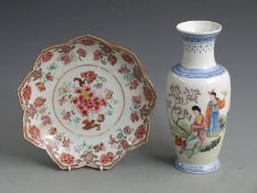 A 19thC Chinese porcelain famille rose plate and a Chinese vase