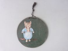 [Beatrix Potter] An original vintage wooden plaque with colour image of Tom Kitten on front, the