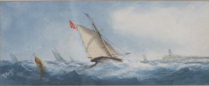 Richmond Markes, Victorian maritime watercolour clipper in rough seas with coast and lighthouse
