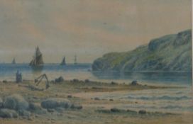 19th century or early 20th century watercolour coastal scene with boats beyond a headland with
