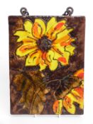 Ruscha retro West German enamelled plaque decorated with sunflowers, 24 x 16cm