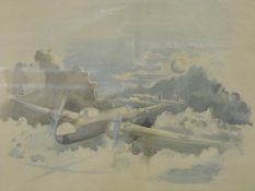 Paul Nash print of a WWII bomber aircraft Moonlight Voyage, Hampden flying above the clouds, 40 x