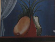 Ellen Bate oil on board abstract still life of fruit, signed lower right, 48 x 64cm