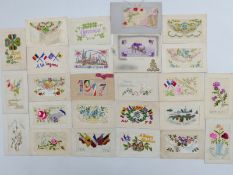 A collection of WWII embroidered silk postcards including Royal Field Artillery