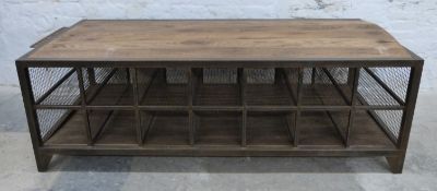 Ex Superdry industrial style table or shop fitting / haberdashery display stand with wooden top