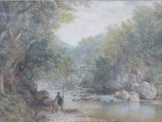 J W Whymper (1813-1903) Victorian watercolour fisherman with weir beyond, signed and dated 1874