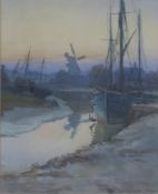William Spencer watercolour 'Evening at Rye' boats in harbour at low tide with windmill beyond,
